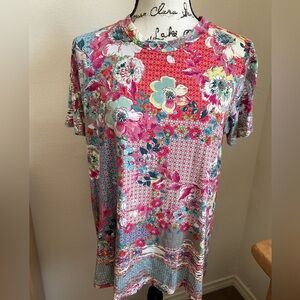 Johnny Was crew neck Melon Multi Bamboo Long Tee Shirt M 12